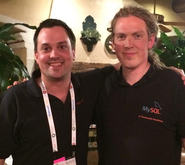 The MySQL 5.7 Community Contributor Polo, as modeled by Daniël van Eeden. I'm the guy on the left.